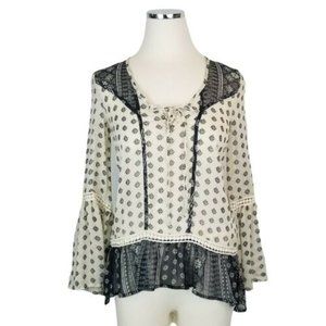 TAYLOR & SAGE Blue Boho Blouse XS Bell Sleeve Sheer Peasant Top Indie Sleaze Y2K